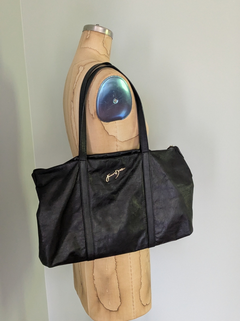 Junior Drake Black Leather Medium Tote with Gold Script Logo